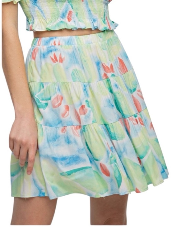 Easel Los Angeles Dresses & Skirts - Easel Los Angeles_Floral Watercolor Tiered Skirt_Pastel Blue/Green/Coral_Size M